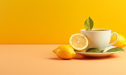 Cup of tea with lemon on orange background. Copy space.