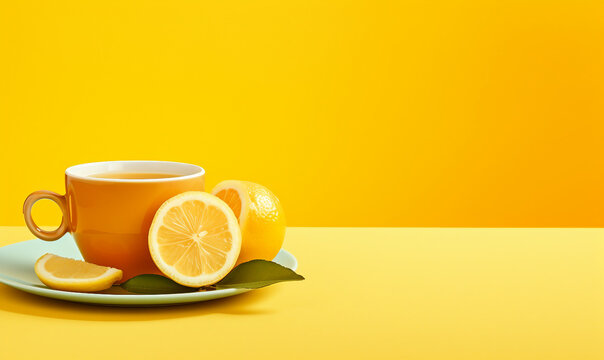 Cup of tea with lemon on yellow background with copy space.