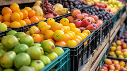 Fruit market with various colorful fresh fruits and vegetables