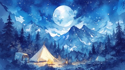 A watercolor illustration of a cozy campsite nestled in a forest clearing, with a tent, campfire, and starry sky above, evoking the essence of digital detox and reconnection with nature - obrazy, fototapety, plakaty