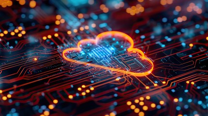 A striking image of a cloud computing icon illuminated on a complex circuit board, symbolizing the power of networked data storage and processing. - obrazy, fototapety, plakaty