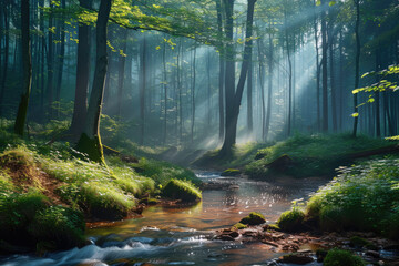 A forest with a stream running through it, with sunlight filtering through the trees.