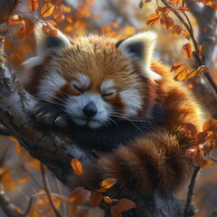 A charming image of a red panda curled up in a tree, showcasing the endearing nature of this rare and adorable species 