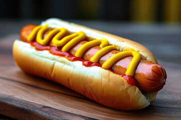 hot dog with a red color and a mustard and a professional overlay on the squeeze