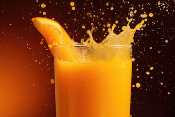 juice with a orange color and a pulp and a professional overlay on the splash
