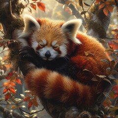Obraz premium A charming image of a red panda curled up in a tree, showcasing the endearing nature of this rare and adorable species 