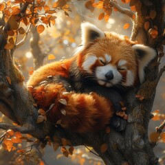 Fototapeta premium A charming image of a red panda curled up in a tree, showcasing the endearing nature of this rare and adorable species 