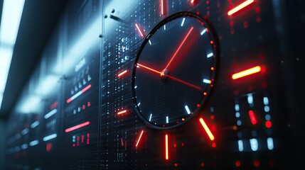 A clock juxtaposed against a backdrop of a blurred data center, symbolizing network time synchronization and precision.