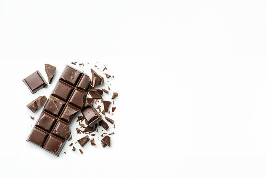 tablette de chocolat au lait, cass&eacute;e en petits morceaux et carr&eacute;s sur un fond blanc avec espace n&eacute;gatif pour texte copyspace