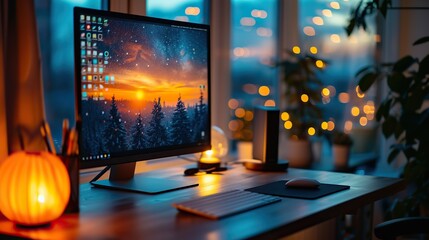 A warm and inviting home office setup featuring a computer with a winter-themed desktop wallpaper, festive lights, and cozy decor.