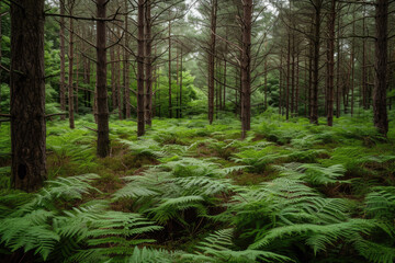 view of a forest with tall trees and a carpet of ferns on the ground