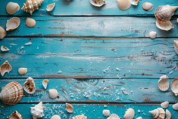 Fototapeta na wymiar Blue Wooden Planks with Sea Shells: Background for Your Product