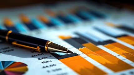 Close-up of a pen on financial charts highlighting business performance and growth trends. - obrazy, fototapety, plakaty
