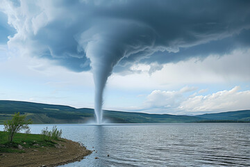 waterspout forming over a lake. - obrazy, fototapety, plakaty