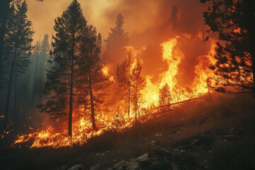 wildfire burning through a forest, with flames