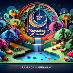Enchanting Eid Mubarak Paper Art Garden Scene with Moonlit Waterfall.
