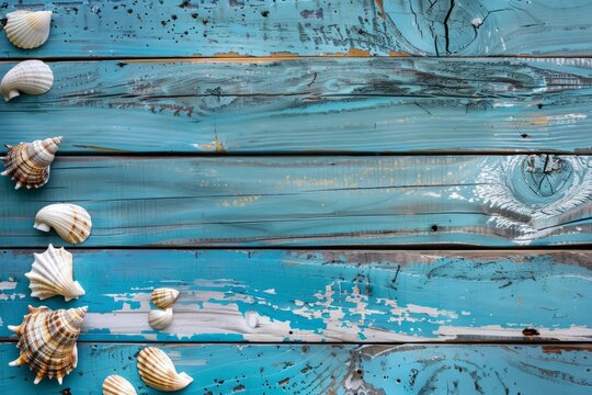 Blue Wooden Planks with Sea Shells: Background for Your Product