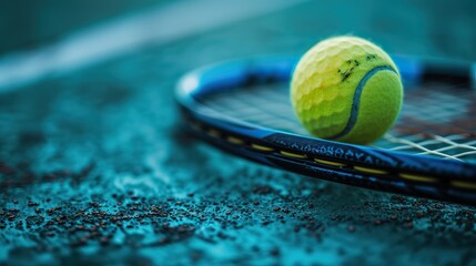 Macro shot of a vibrant yellow tennis ball resting on the strings of a tennis racket, with a clay court surface beneath.