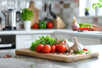 Foto op Canvas Chopping Board with Peppercorns and Vegetables on Kitchen Counter © steffenak
