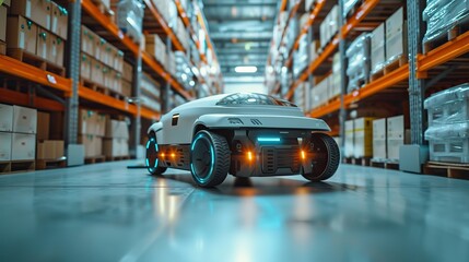 Obraz premium Intelligent robotic vehicle with LED lights autonomously operating in a warehouse environment, highlighting modern storage solutions.