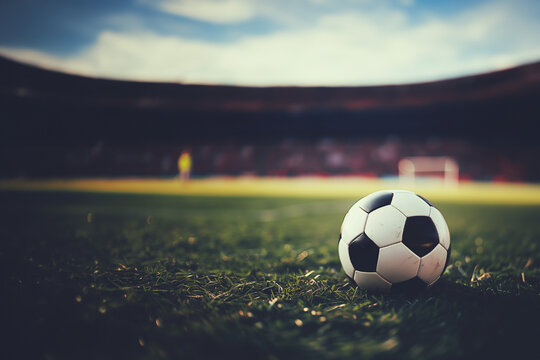 ballon de football (soccer) sur un terrain de foot, dans un énorme stade. On voit en arrière plan le stade et le terrain ainsi que la cage des buts. Sport, ligue 1, Jeux olympiques, Paris 2024