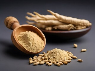 Ashwagandha / Aswaganda OR Indian Ginseng is an Ayurveda medicine in stem and powder form. Isolated on plain background. selective focus