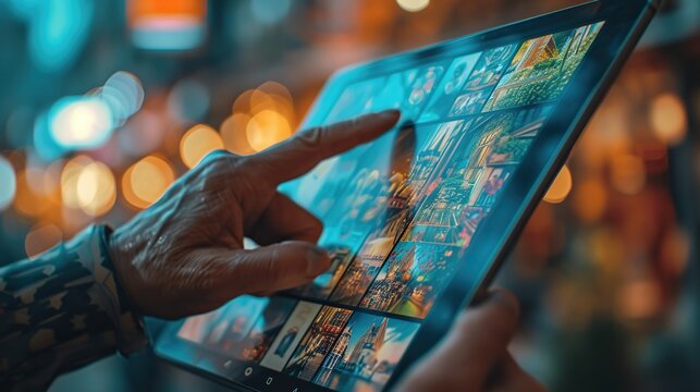 An elderly person's hand is shown interacting with a tablet displaying a vibrant photo gallery, highlighted by soft bokeh lights in the background.