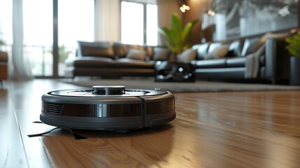 Robotic vacuum cleaner effortlessly gliding over shiny hardwood floors in a well-lit, spacious living room with modern decor.