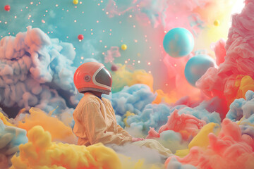 an astronaut explores a fun and colorful alien cotton candy world - obrazy, fototapety, plakaty