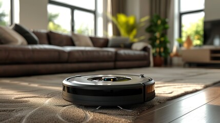 An autonomous vacuum robot is navigating and cleaning a textured carpet in a sunlit, cozy living room with stylish furnishings.