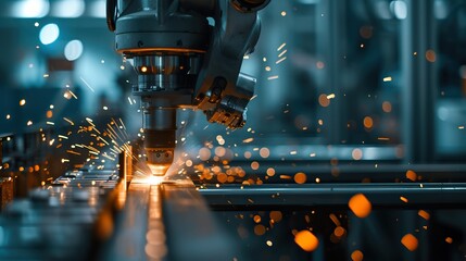 A state-of-the-art robotic arm performs laser welding on a metal assembly line, with vibrant sparks illuminating the industrial workspace. - obrazy, fototapety, plakaty