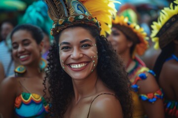 Portraits of dancers performing in a Brazilian Carnival. People in colorful outfits