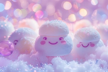 cute marshmallow candy creatures, with happy smiley faces