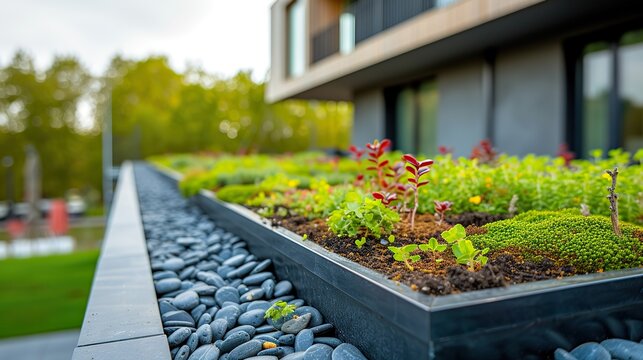 An urban green roof garden with a variety of plants and stones, part of a contemporary eco-friendly architectural design.