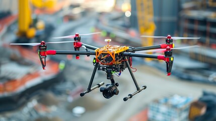 Custom-built drone with specialized cameras hovers above an urban construction site, gathering data and images for analysis and project management. - obrazy, fototapety, plakaty