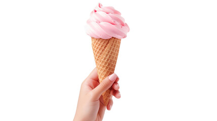 Female hand holding strawberry ice cream cone, isolated on transparent a white background