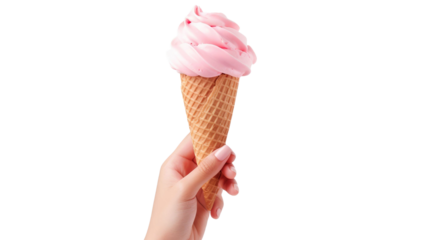 Female hand holding strawberry ice cream cone, isolated on transparent a white background