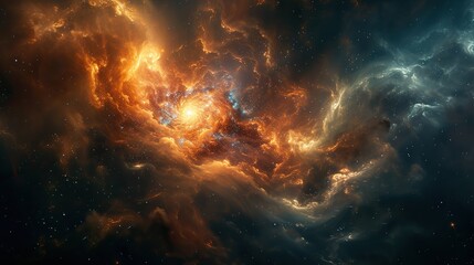 A mesmerizing scene of a fiery orange nebula lighting up the dark universe, with stars sparkling within its folds and cosmic dust swirling around. - obrazy, fototapety, plakaty