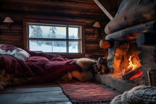 int&eacute;rieur d'une isba ou cabane en rondin de bois dans un pays froid, lit avec un &eacute;norme &eacute;dredon rouge devant l'&acirc;tre d'un feu de chemin&eacute;e. On voit la neige par la fen&ecirc;tre.