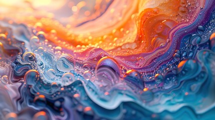 Abstract soap bubble art capturing the iridescent swirls and sunset hues, evoking a serene, dreamlike quality.