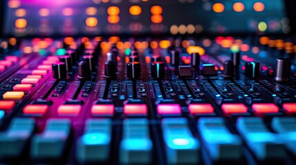 An illuminated sound mixing board with vibrant buttons and sliders, captured in a professional music studio setting.