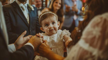 A candid shot of the baby's first steps after being baptized, supported by loving arms and surrounded by applause and joyful tears. - obrazy, fototapety, plakaty