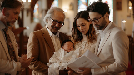A heartwarming image of godparents standing alongside the baby's parents, pledging to support and guide the child on their spiritual journey. - obrazy, fototapety, plakaty