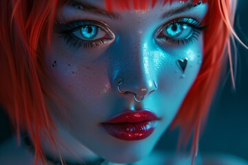 a woman with short bob cut red hair and very close up of face with dazzling eyes of iris ice blue and she has heart tattoos 
