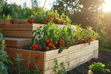 Fototapeta na wymiar DIY in the garden. Tiered bed for tomatoes made of wood. Vegetable garden aesthetics