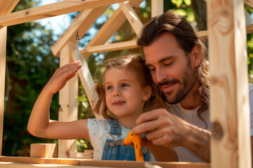 Dad is building a wooden house with his daughter in the back garden. DIY in the garden. Relationship between father and child. Upbringing