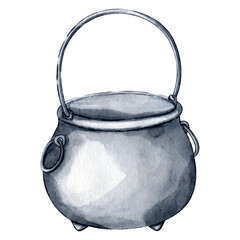 Watercolor hand drawn pot for st. Patrick's day and Halloween decoration design. Black cauldron . Metal empty pot for coins