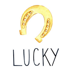 St Patrick's day watercolor illustration of  lucky golden horseshoe . Irish holiday clipart. Sign of luck