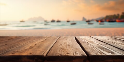 Naklejka na ściany i meble The empty wooden table top with blur background of Thailand beach. Exuberant image. generative AI