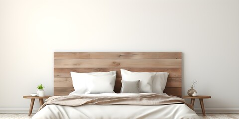 Fototapeta na wymiar Minimalist wooden headboard creating a cozy ambiance in a bright bedroom. Concept Wooden Headboard, Cozy Ambiance, Bright Bedroom, Minimalist Design